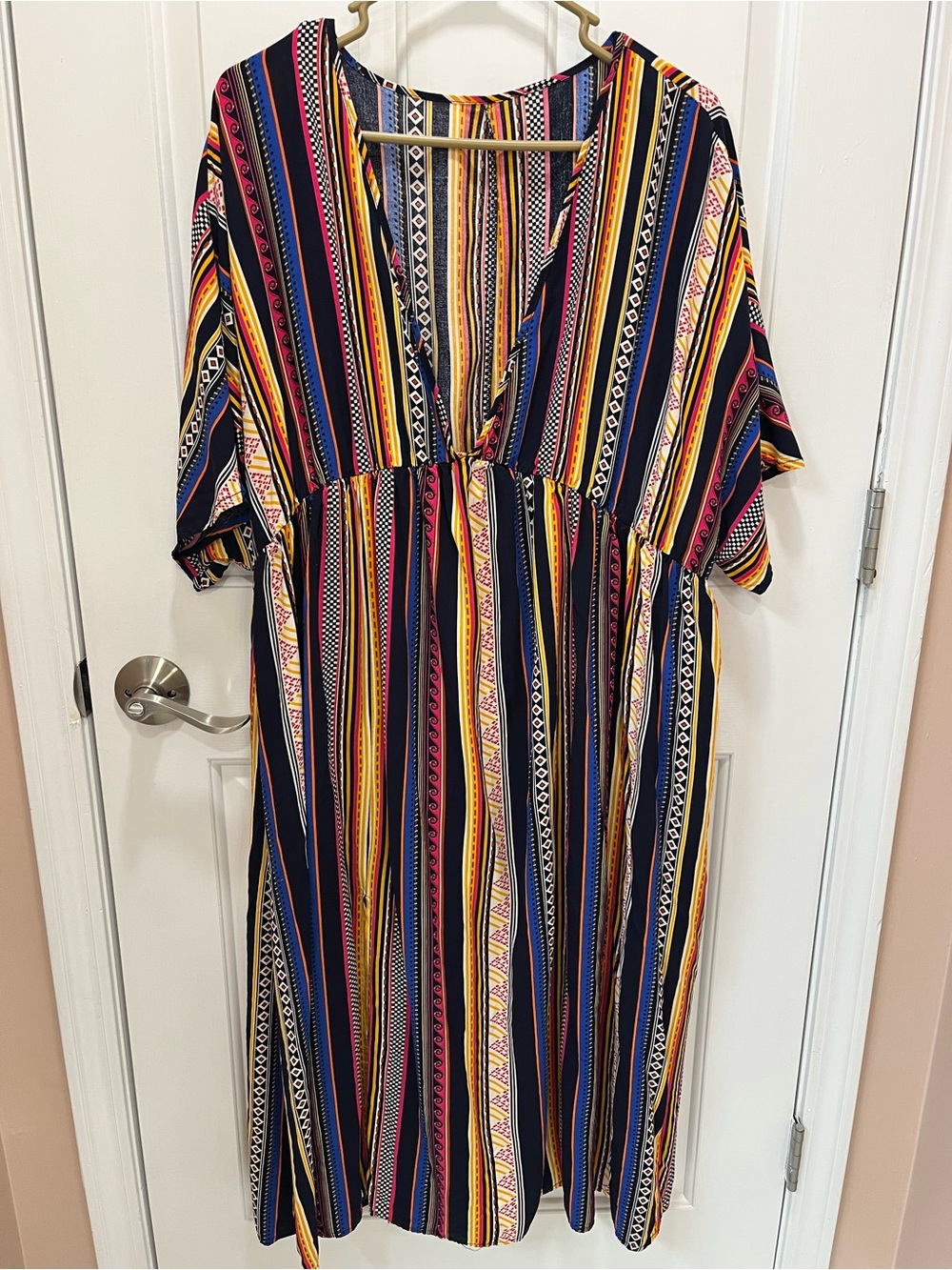 Striped V-Neck Midi Dress in Navy & Multi